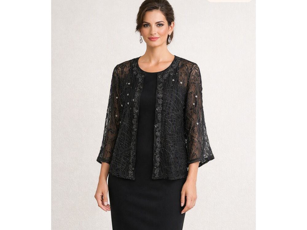 Chico’s Silk Blend Burnout Velvet Metallic Cardigan Jacket Size Medium Black